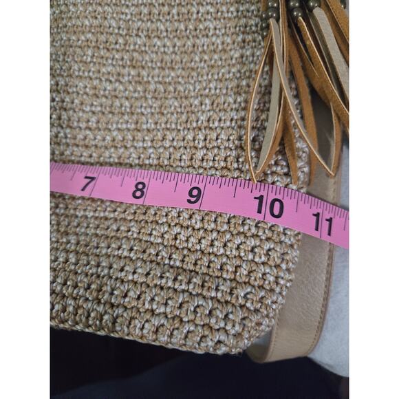 The Sak Hobo Crochet Cross Body Bag Zip Large Beige Brown Leather Tassle - Picture 9 of 9